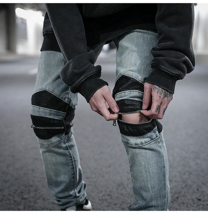 knee zipper hole patckwork skinny denim jeans men casual slim biker trousers jeans fashion streetwear hip hop jean pants joggers unique joggers style 17