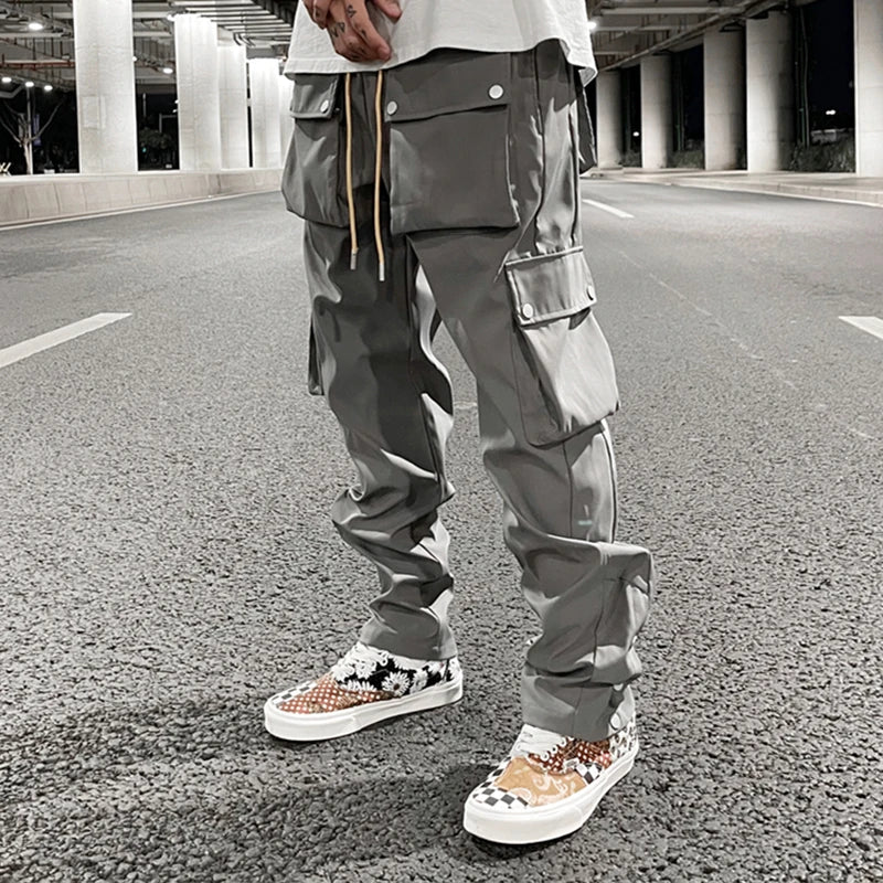 high street multi pocket casual trousers for men and women side breasted drawstring cargo pants harajuku solid loose pants unique cargo style 3116