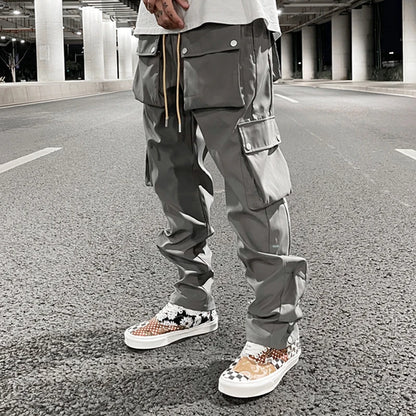 high street multi pocket casual trousers for men and women side breasted drawstring cargo pants harajuku solid loose pants unique cargo style 3116