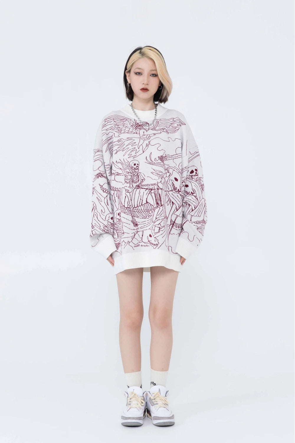 Vintage Knitted Sweater Harajuku Ukiyo-e Style Skull Graffiti Pullover 2021 Autumn Streetwear Sweater Men Women Cotton Knitwear Street King Limited