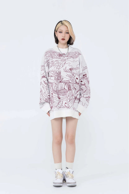 Vintage Knitted Sweater Harajuku Ukiyo-e Style Skull Graffiti Pullover 2021 Autumn Streetwear Sweater Men Women Cotton Knitwear Street King Limited