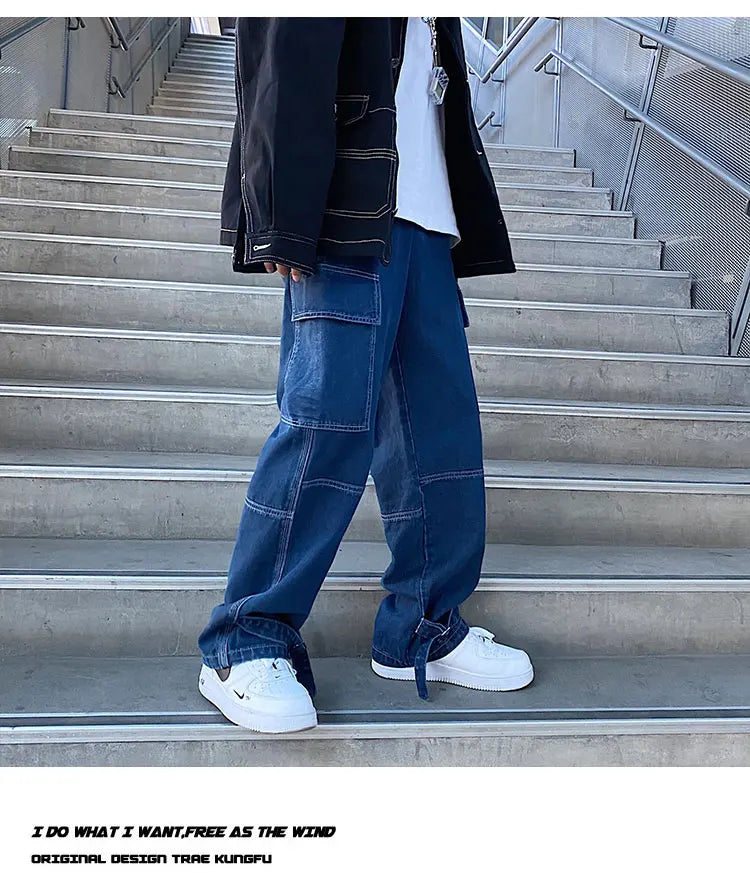 men jeans wide leg denim pants loose straight baggy mens jeans hip hop streetwear skateboard neutral denim trousers cargo jeans unique cargo style 2463