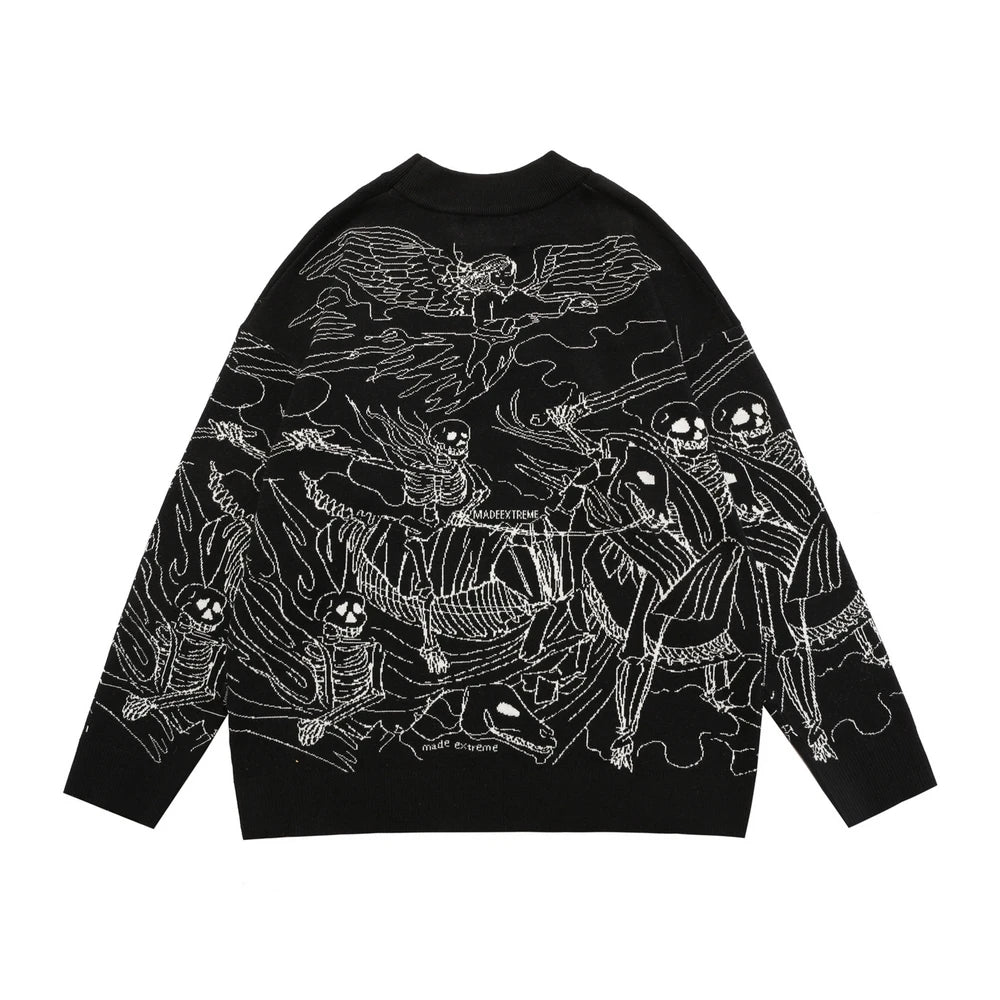 Vintage Knitted Sweater Harajuku Ukiyo-e Style Skull Graffiti Pullover 2021 Autumn Streetwear Sweater Men Women Cotton Knitwear Street King Limited