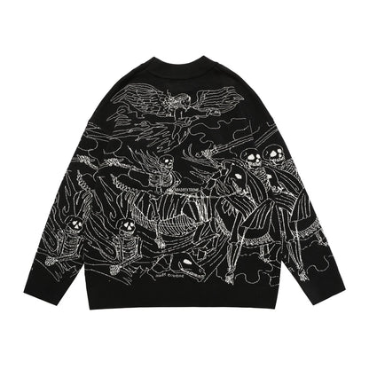 Vintage Knitted Sweater Harajuku Ukiyo-e Style Skull Graffiti Pullover 2021 Autumn Streetwear Sweater Men Women Cotton Knitwear Street King Limited