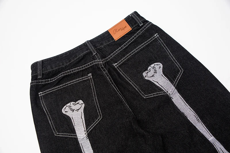 retro skull hand bone embroidery washed mens jeans pants vibe style straight casual oversize denin trousers streetwear unique jeans style 8