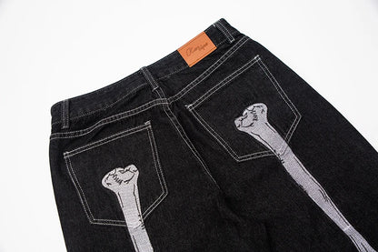 retro skull hand bone embroidery washed mens jeans pants vibe style straight casual oversize denin trousers streetwear unique jeans style 8