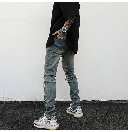 high street butterfly embroidery knee ripped hole jeans mens casual hip hop distressed jeans slim fit skinny denim pants joggers unique joggers style 881