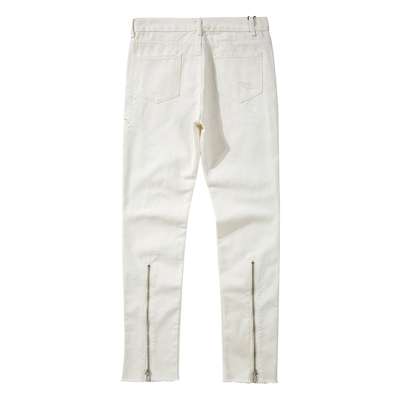 Harajuku Back Zipper Hole Ripped White Jeans Pants Mens Straight Washed Retro Oversized Streetwear Casual Denim Trousers Street King Limited