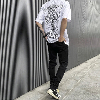 Summer Hip-hop Skull Printed Men Short-sleeved T-shirt Cotton Casual Unisex O-neck Loose Harajuku Short-sleeved Tops Tee T-shirt Street King Limited