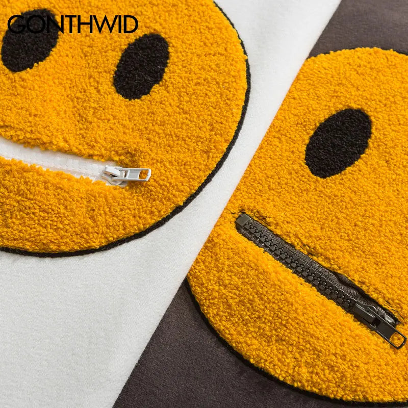 GONTHWID Hoodies Streetwear Hip Hop Zipper Pocket Smile Face Patchwork Hooded Sweatshirts Harajuku Hip Hop Casual Pullover Tops Street King Limited