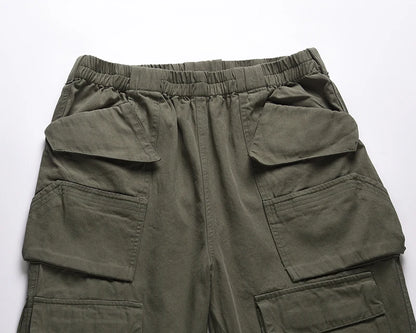 Harajuku Multi-pockets Straight Flare Pants Mens High Street Elastic Waist Solid Loose Casual Cargo Pants Hip Hop Baggy Trousers Street King Limited
