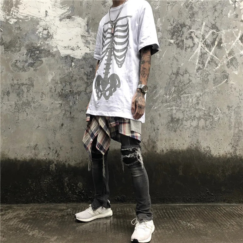 Men's Fashion Reflective Skull Printed T-shirts New Casual Loose Short-sleeved Crew Neck Tees Hip Hop Streetwear Loose Tops Street King Limited