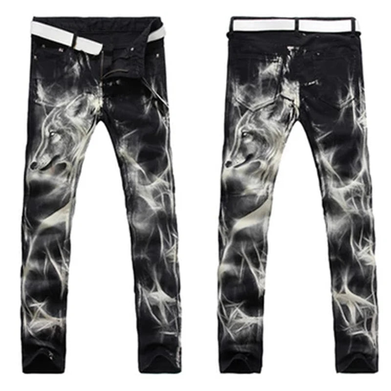 mens fashion wolf printed denim jeans new spring summer slim black painted straight pants cool streetwear male long trousers unique jeans style 564