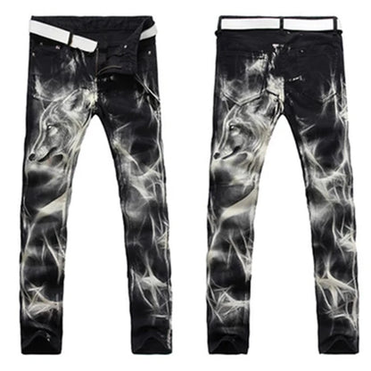 mens fashion wolf printed denim jeans new spring summer slim black painted straight pants cool streetwear male long trousers unique jeans style 564