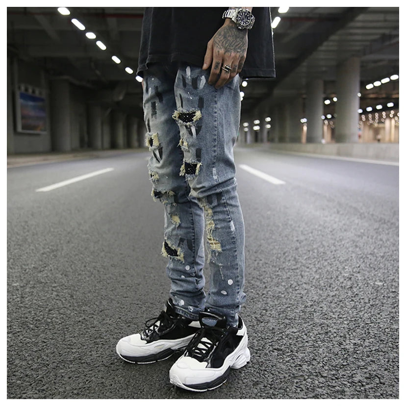 graffiti printed ripped destroied denim jean mens distressed biker jeans with sequins 2018 fashion high street slim pants jogger unique joggers style 2331