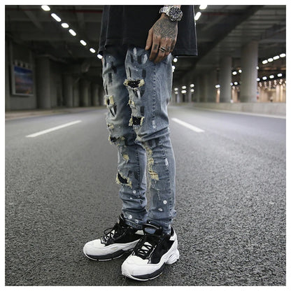 graffiti printed ripped destroied denim jean mens distressed biker jeans with sequins 2018 fashion high street slim pants jogger unique joggers style 2331