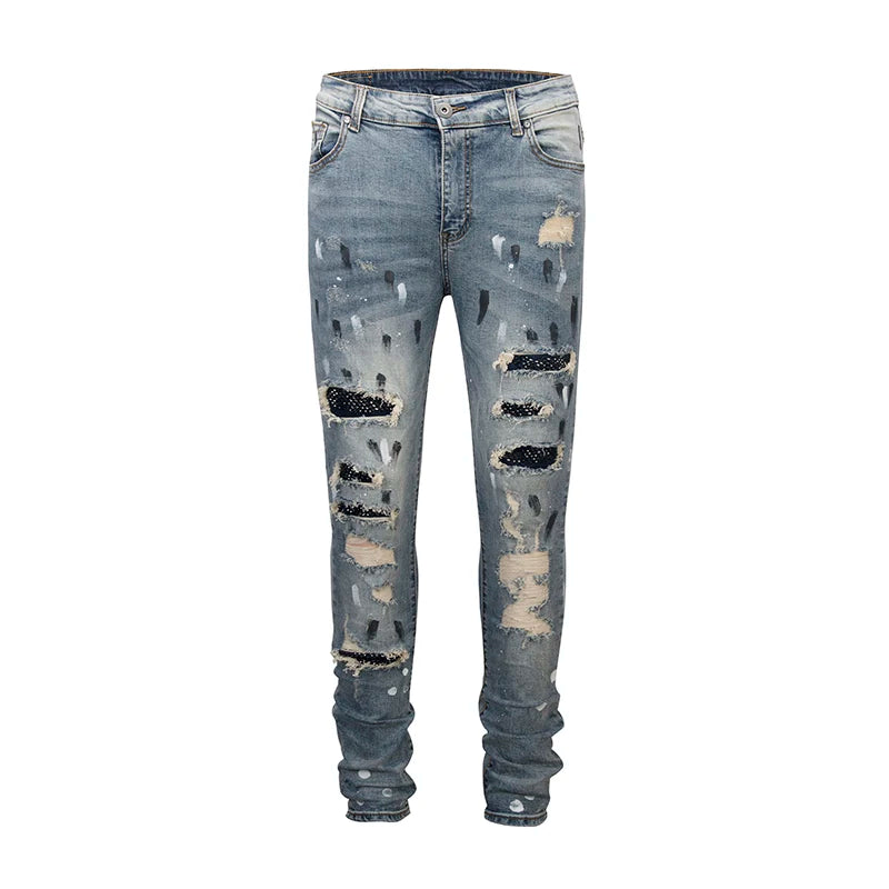 graffiti printed ripped destroied denim jean mens distressed biker jeans with sequins 2018 fashion high street slim pants jogger unique joggers style 2339