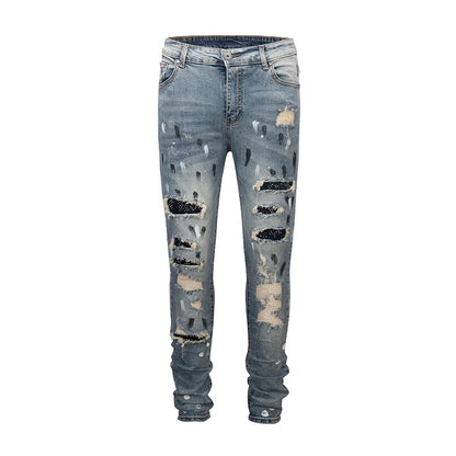 graffiti printed ripped destroied denim jean mens distressed biker jeans with sequins 2018 fashion high street slim pants jogger unique joggers style 2339