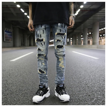 graffiti printed ripped destroied denim jean mens distressed biker jeans with sequins 2018 fashion high street slim pants jogger unique joggers style 2329