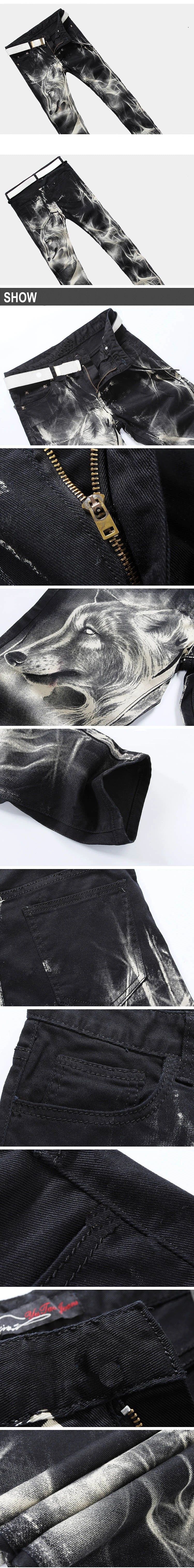 mens fashion wolf printed denim jeans new spring summer slim black painted straight pants cool streetwear male long trousers unique jeans style 572