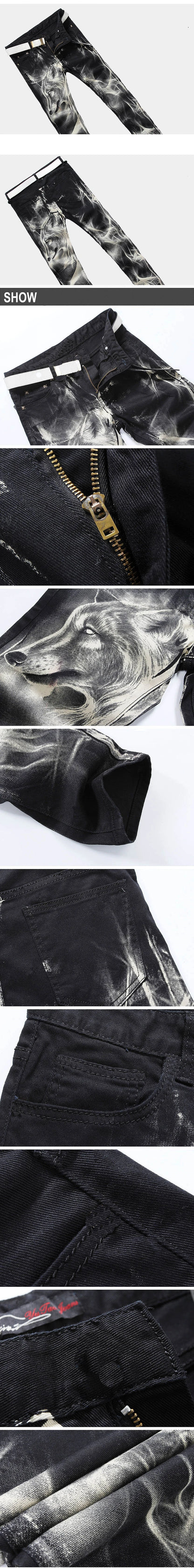 mens fashion wolf printed denim jeans new spring summer slim black painted straight pants cool streetwear male long trousers unique jeans style 572