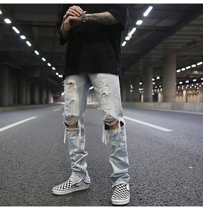 bottom zipper knee holes denim jeans destroyed ripped slim mens biker jeans new men fashion streetwear hip hop pants joggers unique joggers style 2391