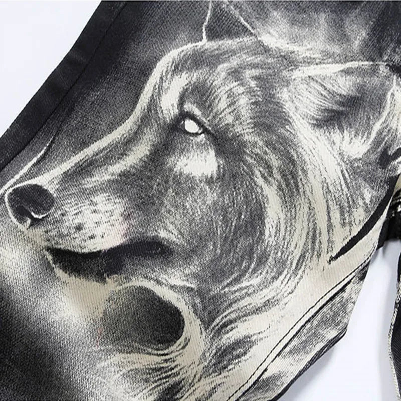 mens fashion wolf printed denim jeans new spring summer slim black painted straight pants cool streetwear male long trousers unique jeans style 563