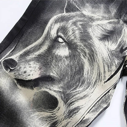 mens fashion wolf printed denim jeans new spring summer slim black painted straight pants cool streetwear male long trousers unique jeans style 563