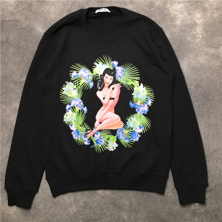 New 2018 Men High Punk Naked Girl flower Hoodies Hoody hooded Sweatshirts velvet Cotton Drake Thick Fleece Street Hip hop #H40 Street King Limited
