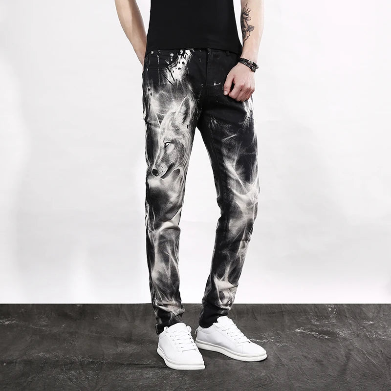 mens fashion wolf printed denim jeans new spring summer slim black painted straight pants cool streetwear male long trousers unique jeans style 569