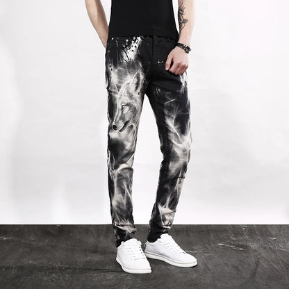mens fashion wolf printed denim jeans new spring summer slim black painted straight pants cool streetwear male long trousers unique jeans style 569