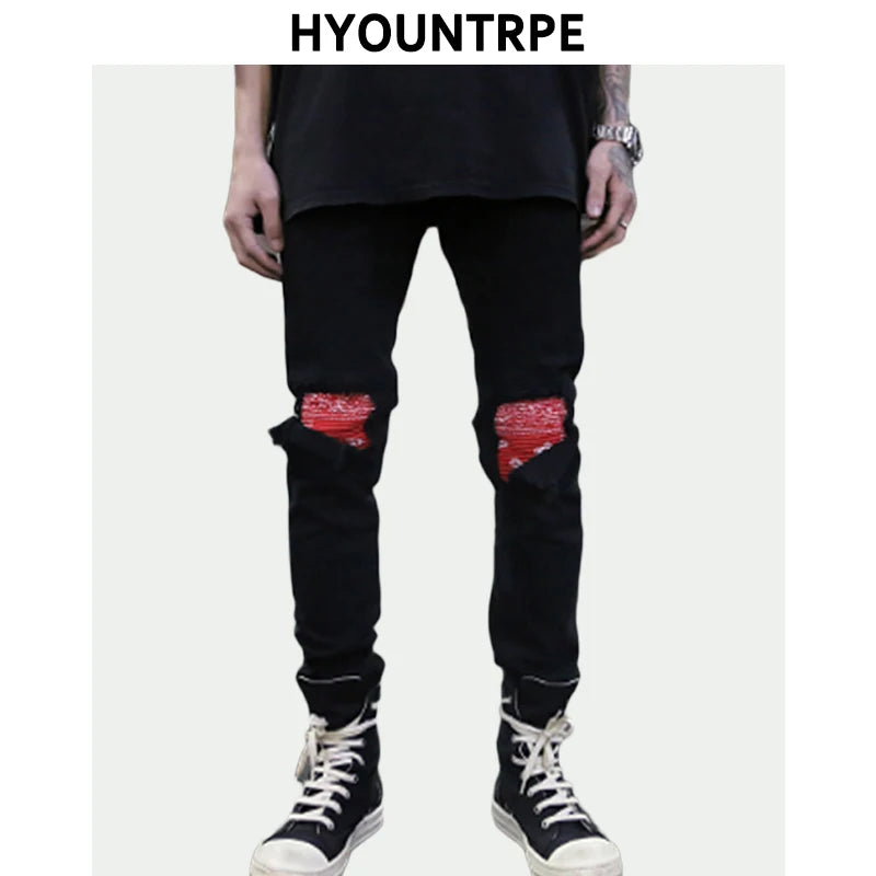 knee patchwork jeans for men hip hop skinny biker taped jean trousers slim fit black denim pants fashion streetwear jogger unique joggers style 5419