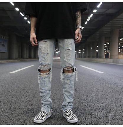 bottom zipper knee holes denim jeans destroyed ripped slim mens biker jeans new men fashion streetwear hip hop pants joggers unique joggers style 2387