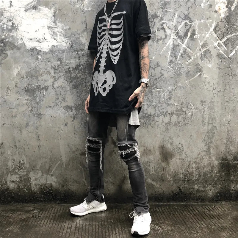 Men's Fashion Reflective Skull Printed T-shirts New Casual Loose Short-sleeved Crew Neck Tees Hip Hop Streetwear Loose Tops Street King Limited