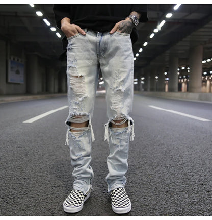 bottom zipper knee holes denim jeans destroyed ripped slim mens biker jeans new men fashion streetwear hip hop pants joggers unique joggers style 2389