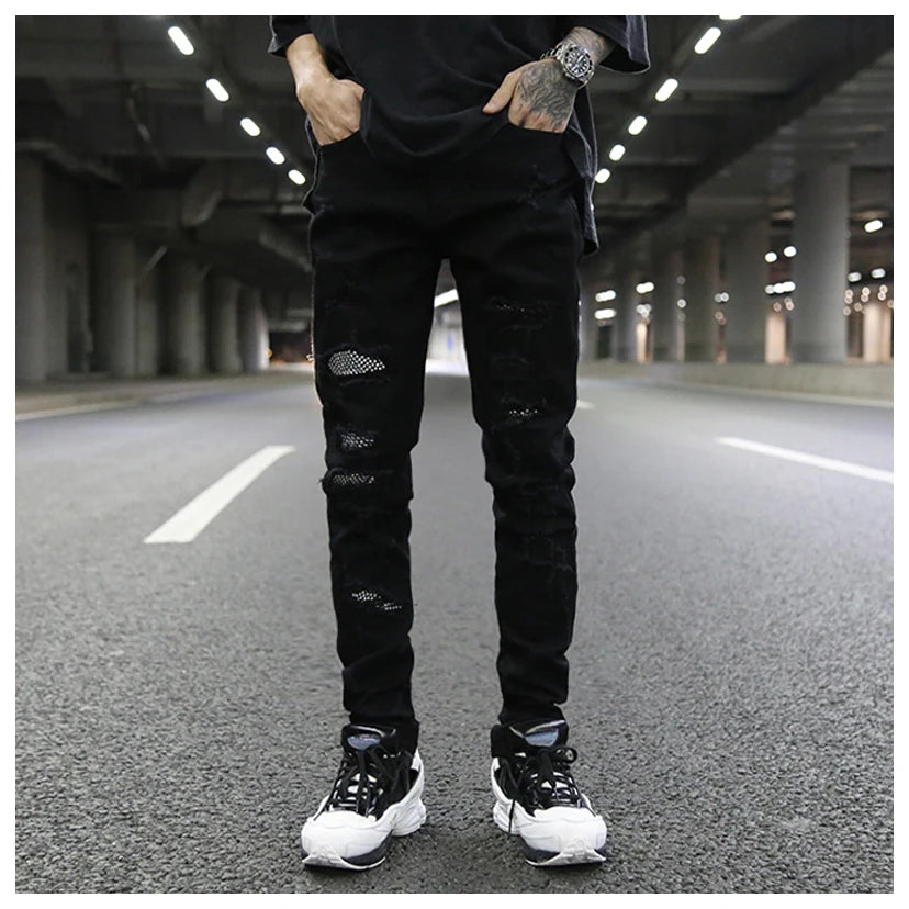 graffiti printed ripped destroied denim jean mens distressed biker jeans with sequins 2018 fashion high street slim pants jogger unique joggers style 2333