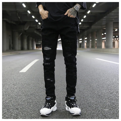 graffiti printed ripped destroied denim jean mens distressed biker jeans with sequins 2018 fashion high street slim pants jogger unique joggers style 2333