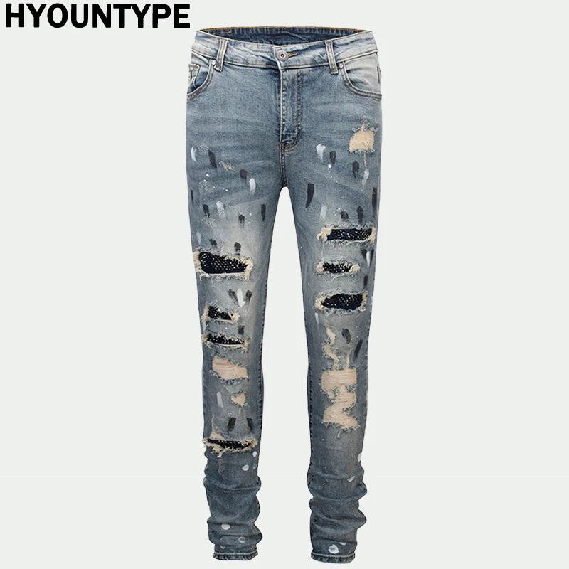 graffiti printed ripped destroied denim jean mens distressed biker jeans with sequins 2018 fashion high street slim pants jogger casual joggers
