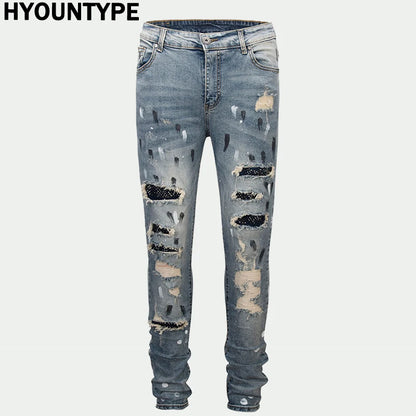 graffiti printed ripped destroied denim jean mens distressed biker jeans with sequins 2018 fashion high street slim pants jogger casual joggers