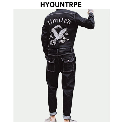 Autumn Embroidery Denim Jumpsuit Mens Fashion Single Breasted Rompers Long Sleeve Pockets Overalls New One-piece Suits Romper Street King Limited