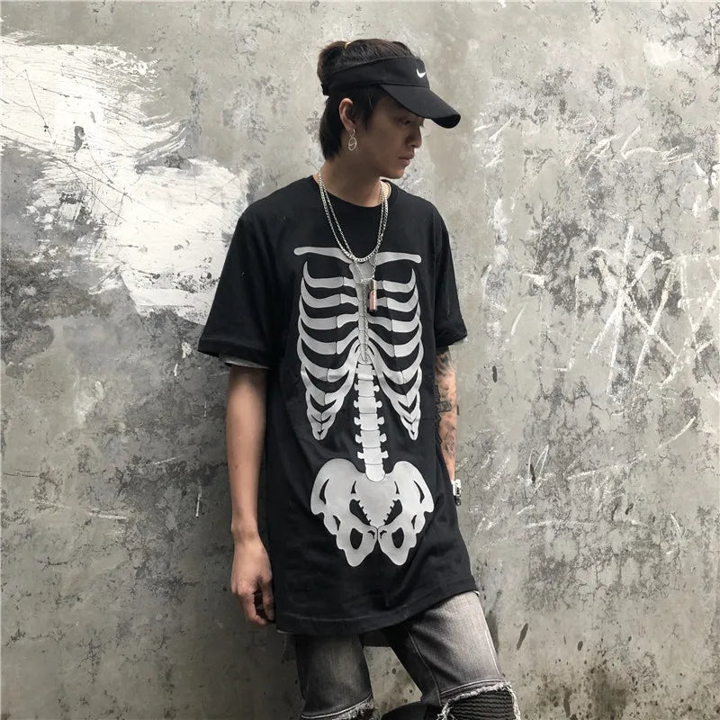 Men's Fashion Reflective Skull Printed T-shirts New Casual Loose Short-sleeved Crew Neck Tees Hip Hop Streetwear Loose Tops Street King Limited