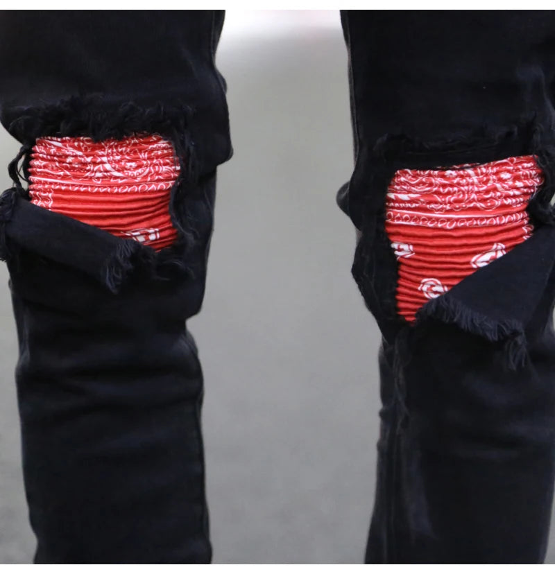 knee patchwork jeans for men hip hop skinny biker taped jean trousers slim fit black denim pants fashion streetwear jogger unique joggers style 5428