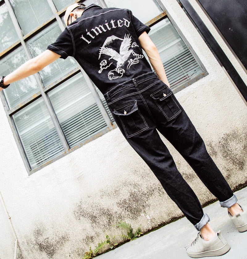 Autumn Embroidery Denim Jumpsuit Mens Fashion Single Breasted Rompers Long Sleeve Pockets Overalls New One-piece Suits Romper Street King Limited