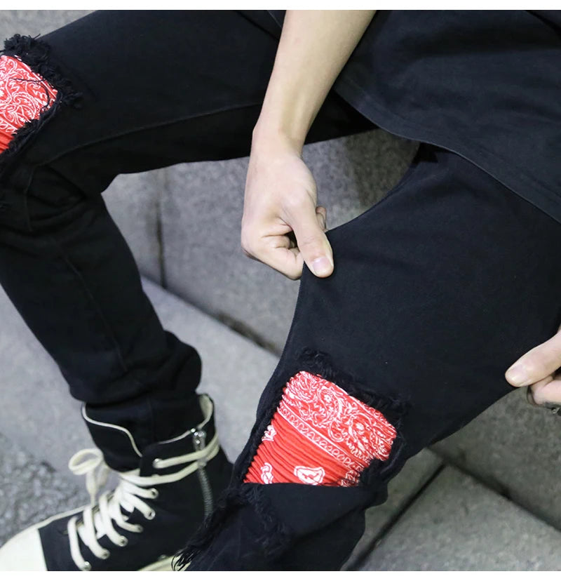 knee patchwork jeans for men hip hop skinny biker taped jean trousers slim fit black denim pants fashion streetwear jogger unique joggers style 5427