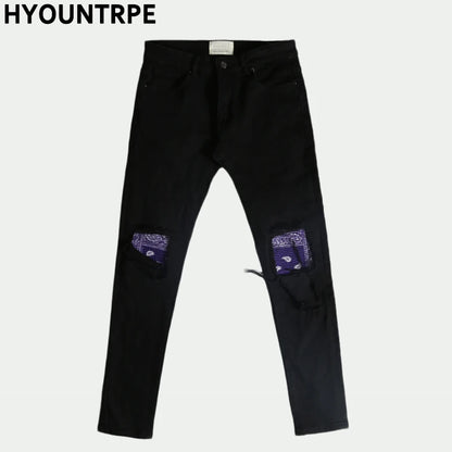 knee patchwork jeans for men hip hop skinny biker taped jean trousers slim fit black denim pants fashion streetwear jogger unique joggers style 5420