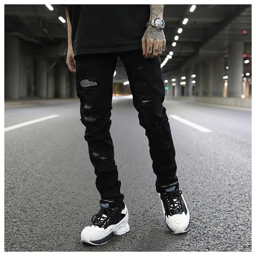 graffiti printed ripped destroied denim jean mens distressed biker jeans with sequins 2018 fashion high street slim pants jogger unique joggers style 2336