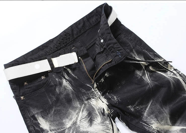 mens fashion wolf printed denim jeans new spring summer slim black painted straight pants cool streetwear male long trousers vintage washed jeans