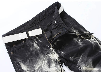 mens fashion wolf printed denim jeans new spring summer slim black painted straight pants cool streetwear male long trousers vintage washed jeans
