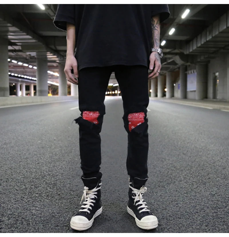 knee patchwork jeans for men hip hop skinny biker taped jean trousers slim fit black denim pants fashion streetwear jogger unique joggers style 5424