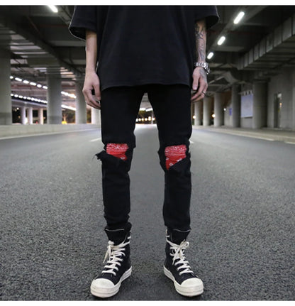 knee patchwork jeans for men hip hop skinny biker taped jean trousers slim fit black denim pants fashion streetwear jogger unique joggers style 5424